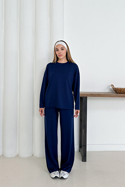 MİROR Women's Navy Blue Modal Fabric Long Sleeve Basic Tracksuit Set