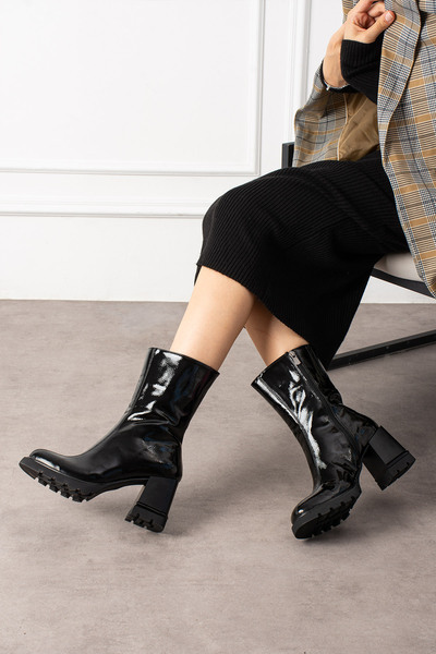 Güllü Shoes Cizme de damă din piele neagră cu toc gros – model ortopedic conf...