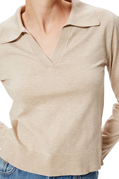 VAGGON Women's Beige Polo Neck Long Sleeve Blouse Vs00959
