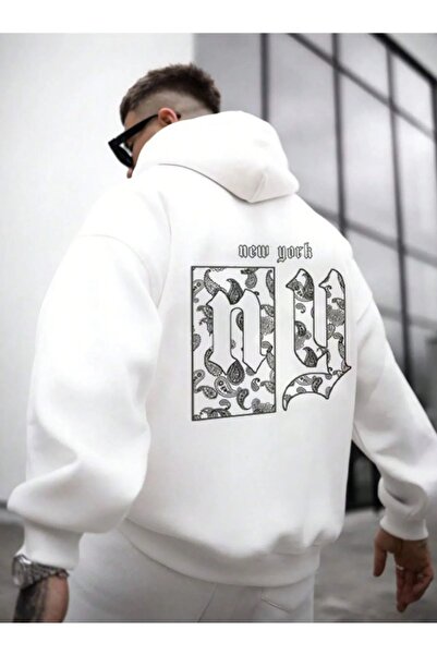NO 601 Ανδρικό φούτερ με κουκούλα με στάμπα Ny Life σε λευκό χρώμα