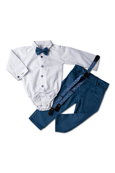 Mamboo Set confortabil în tonuri de albastru pentru băieți cu bretele îndrăznețe