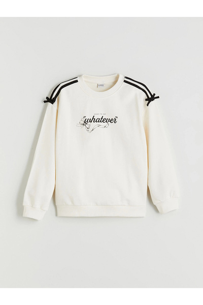 LC Waikiki Lcw Kids Ecru Crew Neck Printed Girls' Sweatshirt