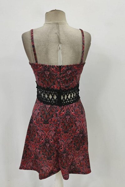 Mossta Kruvaze Yaka Desenli Mini Süprem Elbise - Kırmızı