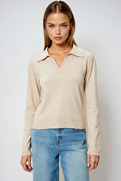 VAGGON Women's Beige Polo Neck Long Sleeve Blouse Vs00959