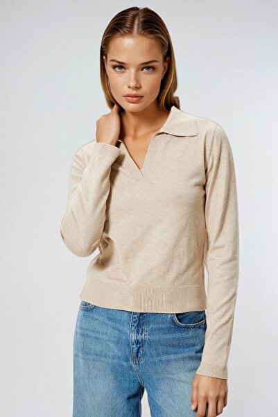 VAGGON Women's Beige Polo Neck Long Sleeve Blouse Vs00959
