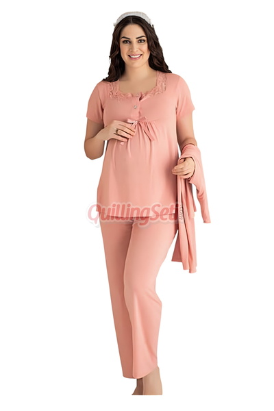 quilling Dusty Rose Colored Lace Detailed 3-Piece Long Sleeve Maternity Pajama Set with Dressing Gown 53047