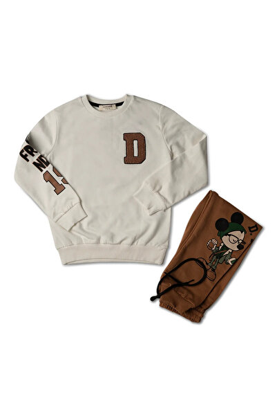 Mamboo Trening pentru Băieți cu Hanorac Alb și Pantalon Maro cu Imprimeu Anim...