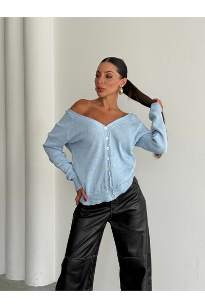 LE CARAMBOLE Γυναικεία Μπλε Πλεκτή Ζακέτα με Κουμπιά μπροστά και πίσω με λαιμ...