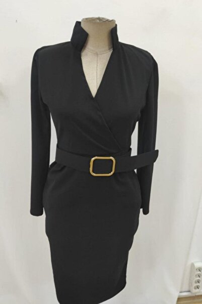 Mossta Φόρεμα μίντι εισαγωγικό κρεπ με ζώνη με γιακά - Μαύρο