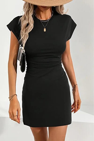 Deafox Black Women's Side Gathered Short Sleeve Crew Neck Crepe Fabric Short Dress