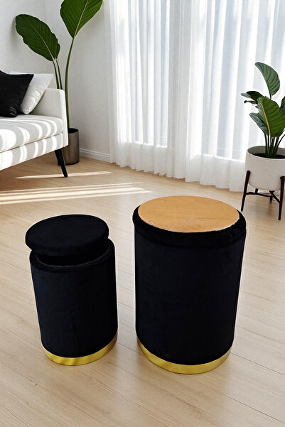 Arte Cotone 2'li Siyah Kadife Kumaş Dekoratif Silindir Sandıklı Puf Seti