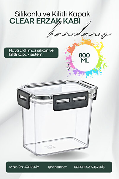 Hanedanev Clear Dikdörtgen Erzak Kabı - Silikonlu ve Kilitli Kapaklı Saklama Kabı 800 ML 14 x 11,5 Cm