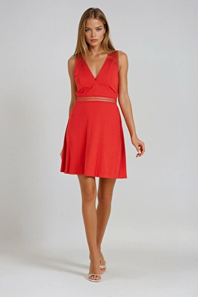 VAGGON Women's Red Wide Strap Openwork Striped Mini Dress Vs00958