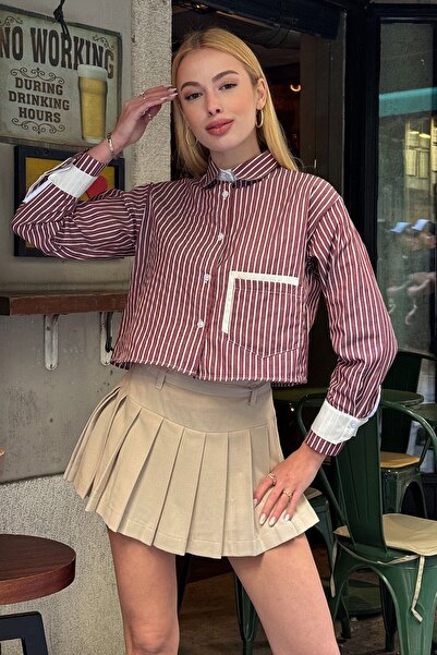 VAGGON Women's Pink Striped Oversize Long Sleeve Buttoned Cuff Crop Shirt Vs00952