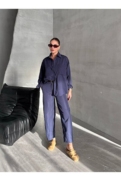 My Blog طقم قميص وبنطلون بحزام باللون الأزرق الداكن - 8453