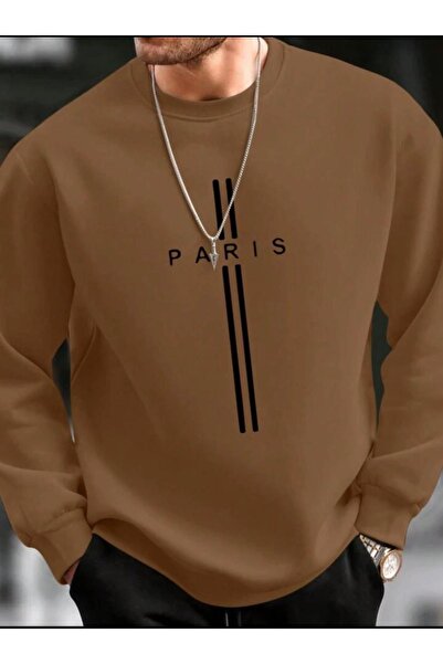 NO 601 Men's Brown Striped Paris Printed Crew Neck