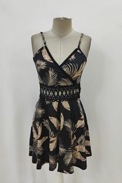 Mossta Kruvaze Yaka Desenli Mini Süprem Elbise - Siyah