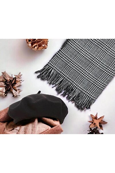 Wearflawless Women's Set of 2 Black Scarves and Painter Beret Set, Christmas Gift, Double-Sided Scarf, Painter Beret