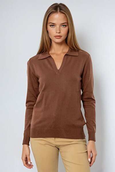 VAGGON Women's Brown Polo Neck Long Sleeve Blouse Vs00959