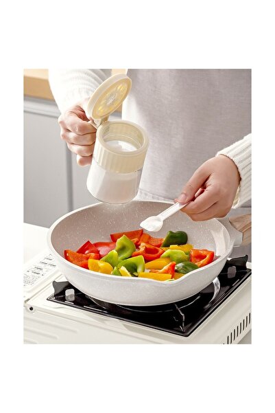 Flippy Glass Spice Container, 180 ml, with Handle and Spoon, 10.6 x 7 x 7 cm, Matte Lid, White