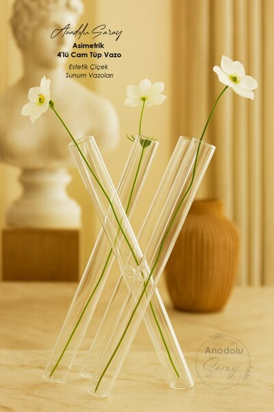 Anadolu Saray Asimetrik 4lü Cam Tüp Vazo | Modern Dekoratif Masa Üstü Çiçeklik | Şık Tasarım Cam Vazo