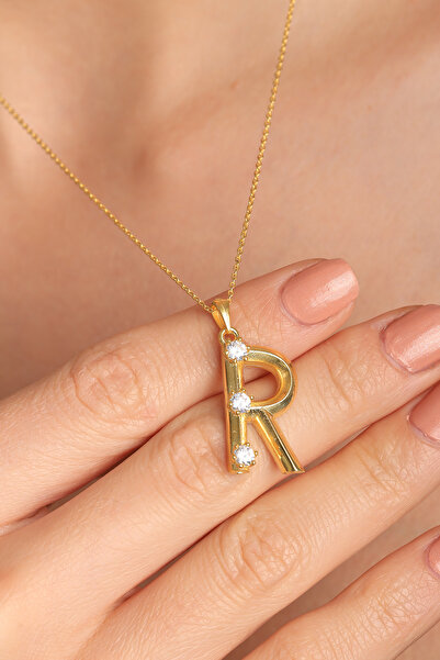 Lucente Jewellery Luxury Serisi Işıklı Hediye Kutulu 925 Ayar Altın Gümüş Kaplama R Harfi Taşlı Balon Harf Kolye