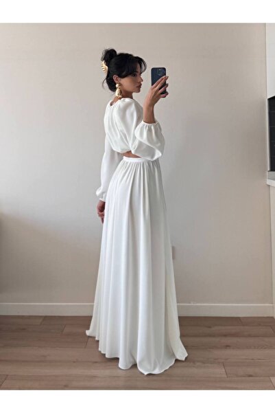 LOCH BUTİK Women's White Gathered Shoulder Padded Skirt and Blouse Two-Piece Set