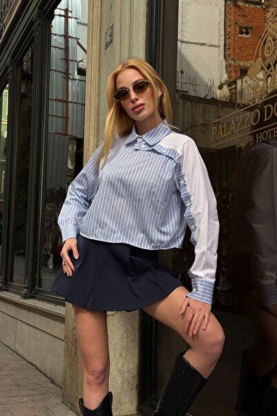 VAGGON Women's Blue Striped Contrast Long Sleeve Asymmetric Button Detailed Crop Shirt Vs00920