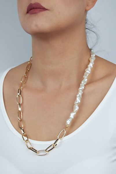 Liveyn Design Asymmetric Pearl Gold Chain Necklace