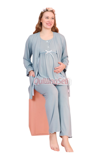 quilling Gray Colored Crew Neck 3-Piece Long Sleeve Maternity Pajama Set with Dressing Gown 59461