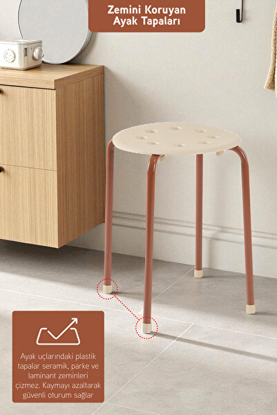 İronika Otto Metal Gövdeli Modern Tabure Mutfak Bahçe Taburesi - 4 Adet Krem