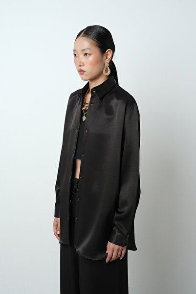 Orfeo Negro Women's Solid Color Shiny Fabric Oversize Cut Shirt