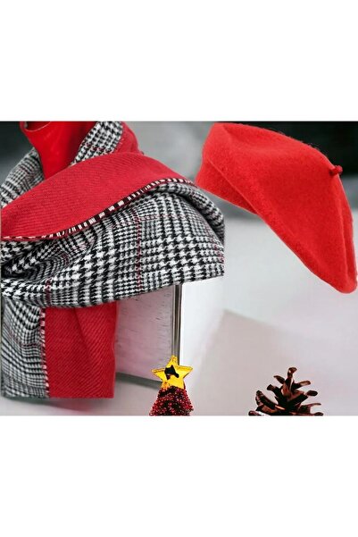 Wearflawless Women's Set of 2 Red Scarves and Painter Beret Set, Christmas Gift, Double-Sided Scarf, Painter Beret