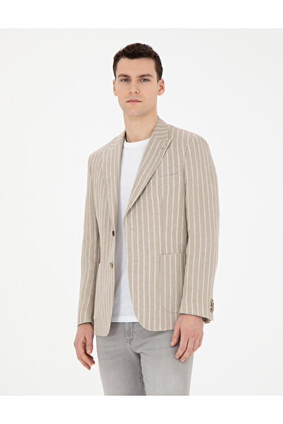 Pierre Cardin Light Brown Slim Fit Linen Striped Jacket 50284995-Vr002