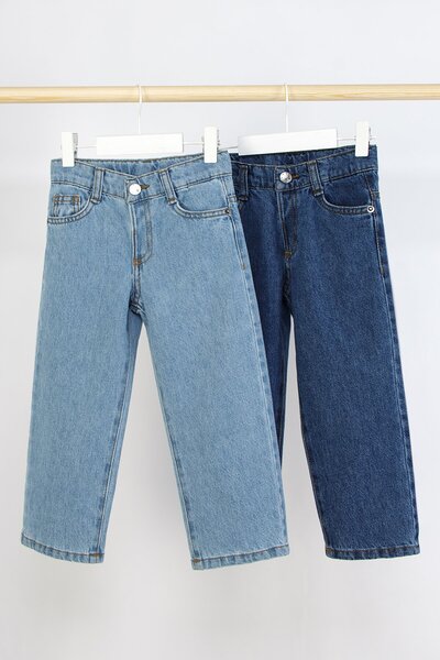 Shopmins 2-Piece Boys' Jean Denim Pants with Elastic Waist and Snap Fasteners
