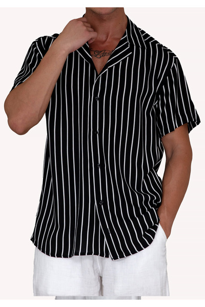 Exve Exclusive Black and White Striped Viscose Hawaiian Short Sleeve Loose Breathable Lapel Oversized Shirt