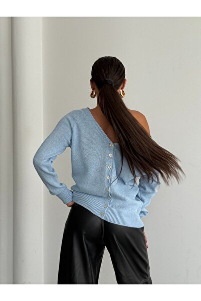 MODAMERSİ Cardigan tricotat cu decolteu în V, cu nasturi în față și în spate, albastru pentru femei