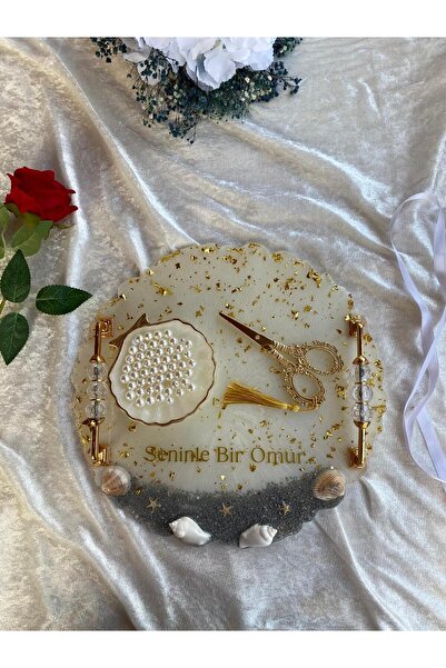 KİŞİYE ÖZEL DENİZ KONSEPTLİ ALTIN VARAK SÜSLEMELİ SÖZ TEPSİSİ,NİŞAN TEPSİ,İSTEME TEPSİSİ