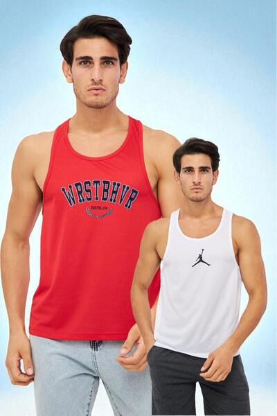 Moda Işık Men's Sports Tank Top with Print Detail, Pack of 2