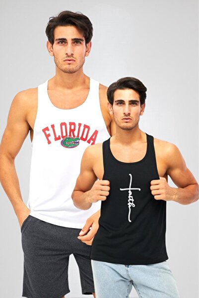 Moda Işık Men's Sports Tank Top with Print Detail, Pack of 2