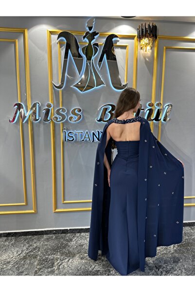 MissBetül Straplez Pelerinli Taşlı Abiye