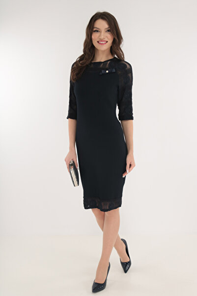 Vanessa Line RO Κομψό φόρεμα από ανάγλυφο μπλε ύφασμα και δαντέλα