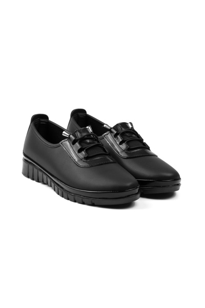 KAJILA Women's Black Patent Leather Detailed Orthopedic Mother Shoes - Comfortable Non-Slip Sole, Lace-Up Daily Walking Shoes