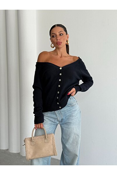 MODAMERSİ Cardigan tricotat pentru femei, albastru bleumarin, cu nasturi în f...