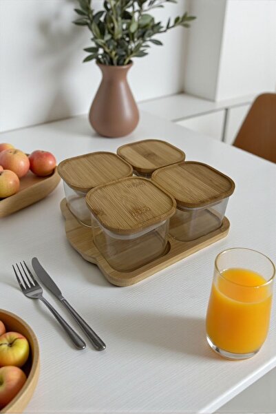 ANJEAHOME Rimini 4-Piece Glass Breakfast Presentation and Storage Set (Bamboo Lid & Bamboo Stand)