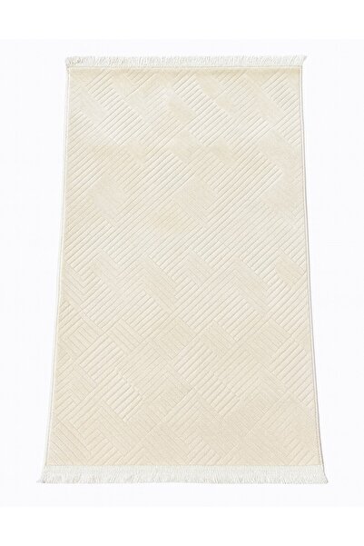 Merinos Klasik Saçaklı Rölyef Kaymaz Taban Aden Krem Kesme Halı Krem