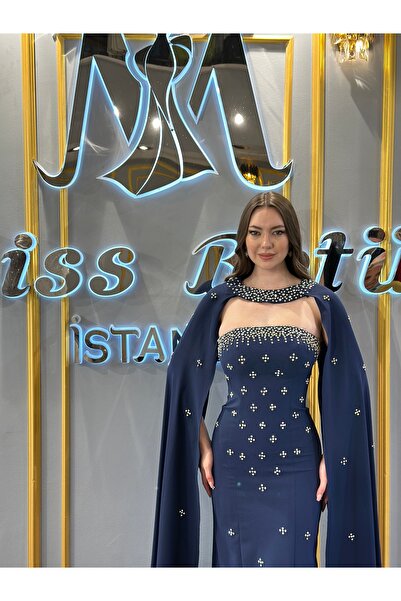 MissBetül Straplez Pelerinli Taşlı Abiye