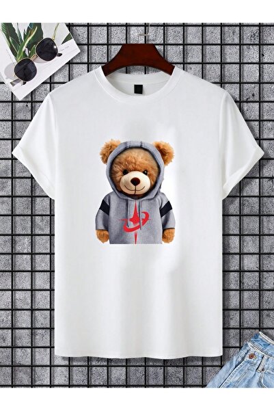 MOVİMENT Μπλουζάκι με λαιμόκοψη με τύπωμα από 100% βαμβάκι, λευκό αρκουδάκι