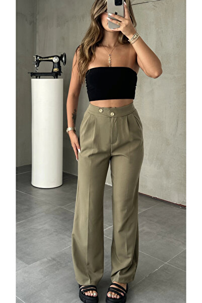 asfamoda Kadın Haki Kore Model Yüksek Bel Palazzo Pantolon