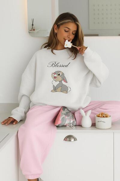 BENROMA سترة رياضية للجنسين مصنوعة من القطن الممشط بثلاثة خيوط مع طباعة أرنب مبارك